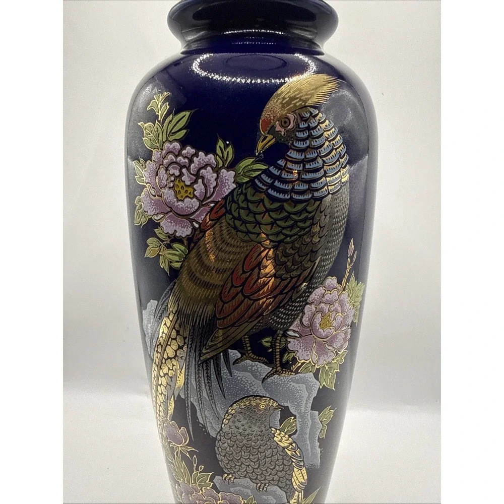 Kutani Cobalt Blue Pheasant and Flowers Vase Japanese